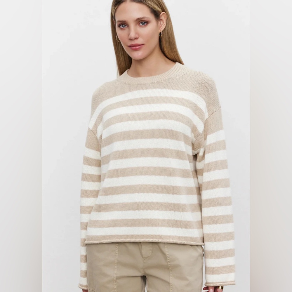 Velvet Lex Cotton Cashmere Striped Crew Neck Sweater - Sable / Milk